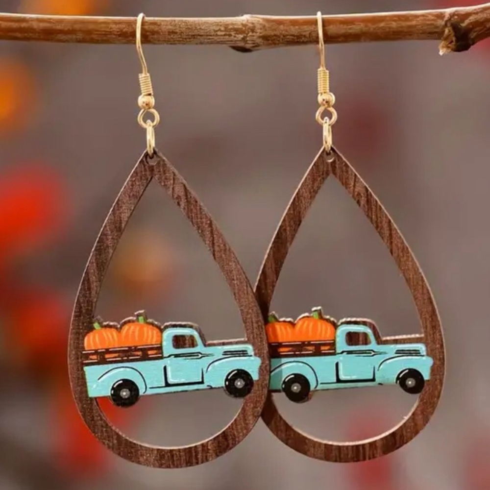 Charming Pumpkin Car &‎ Water Drop Earrings Wooden, Great for Fall/Winter